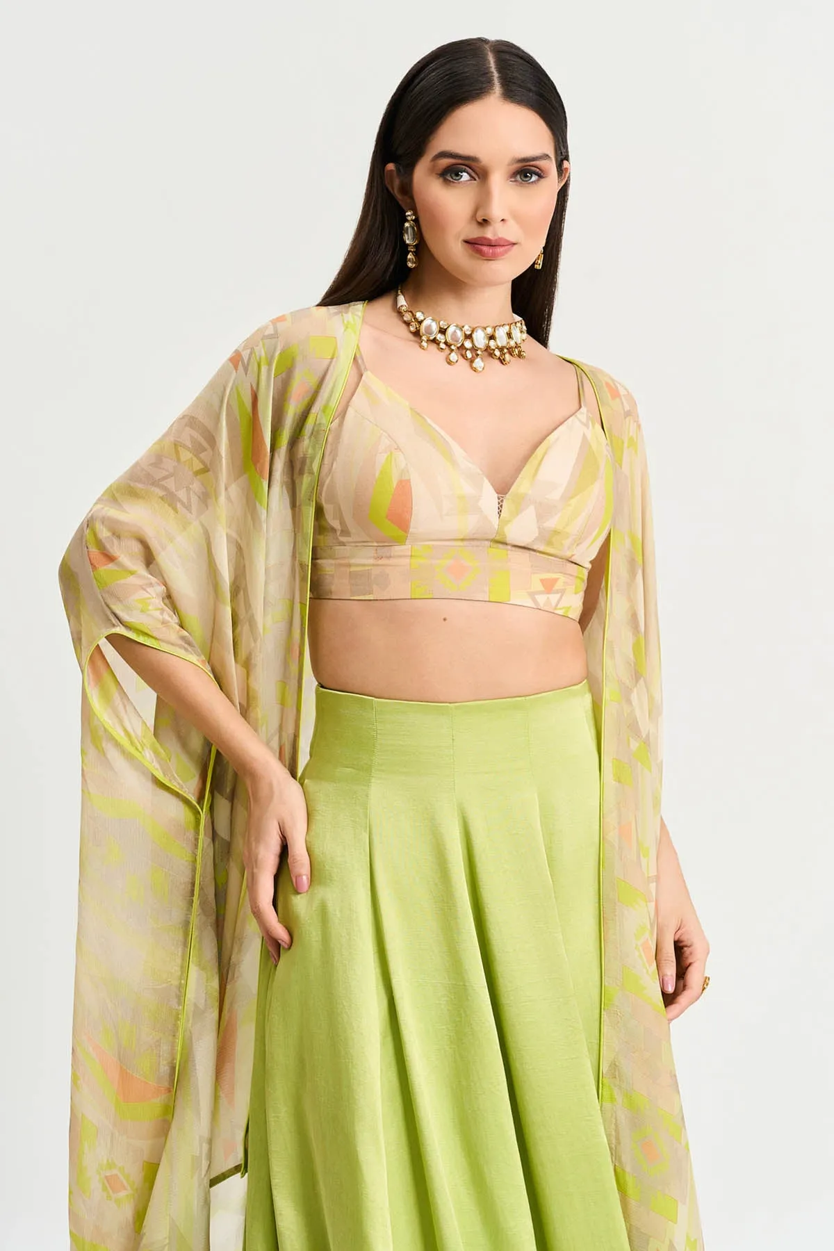 Lime Green Viscose Printed Cape