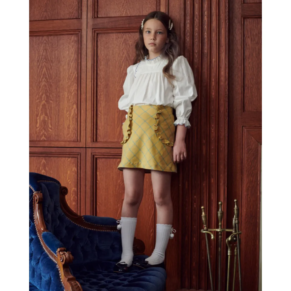 Lucille Ruffled Blouse -- Ivory w/ Indigo