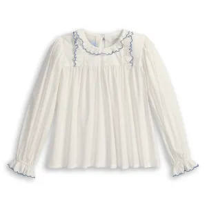 Lucille Ruffled Blouse -- Ivory w/ Indigo