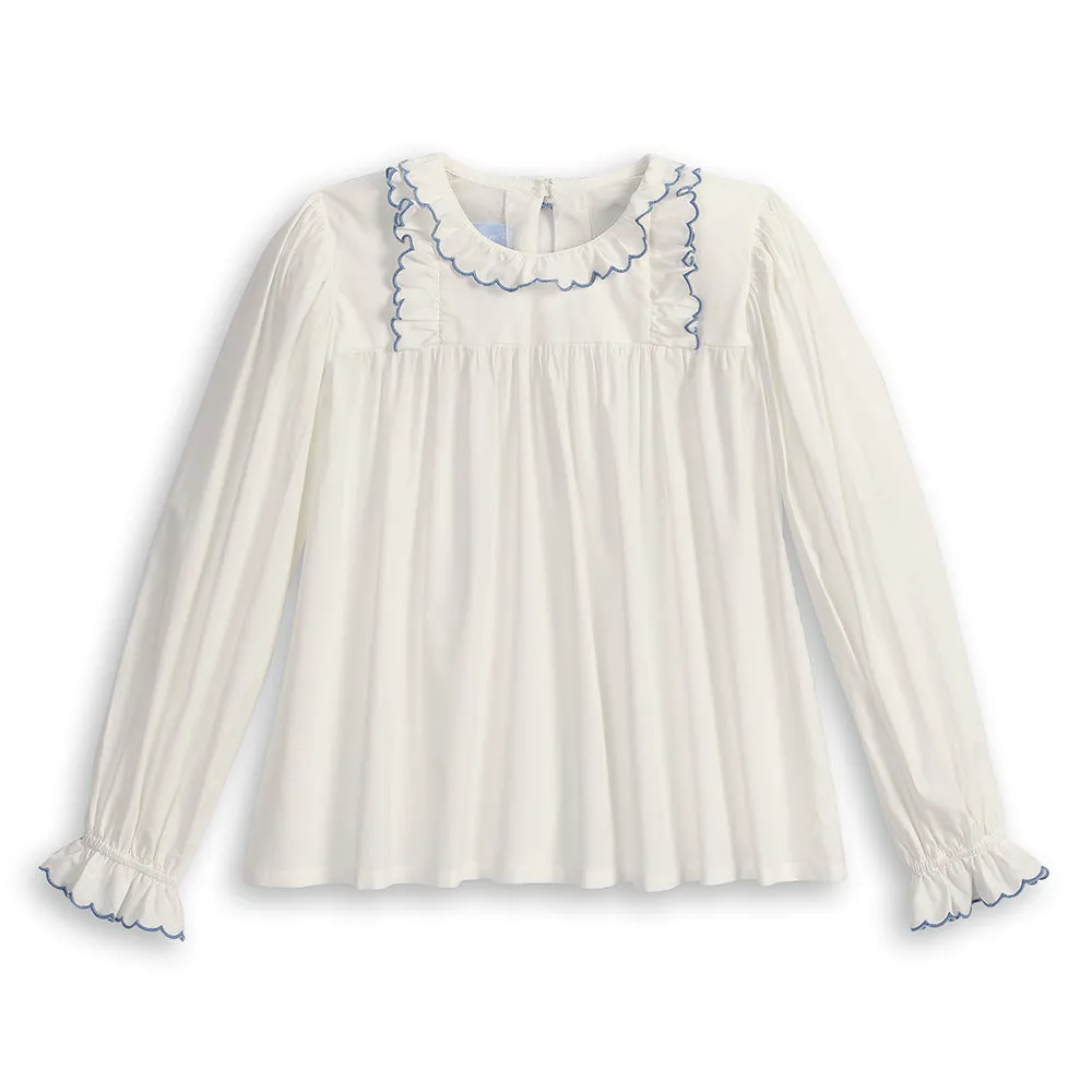 Lucille Ruffled Blouse -- Ivory w/ Indigo