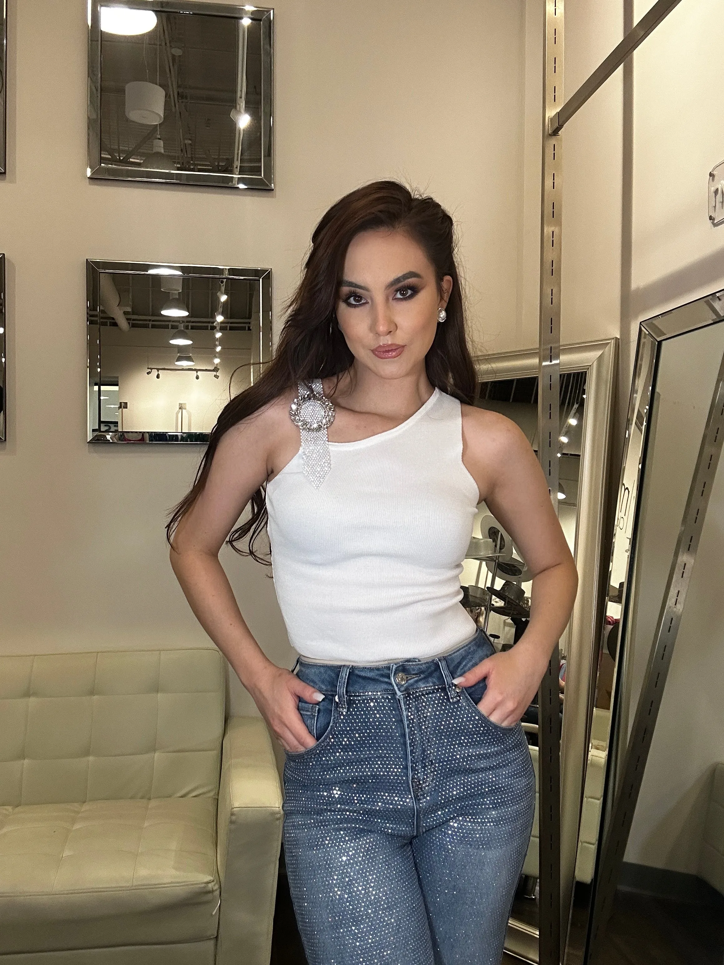 Mallory Reinstone Buckle Top - White