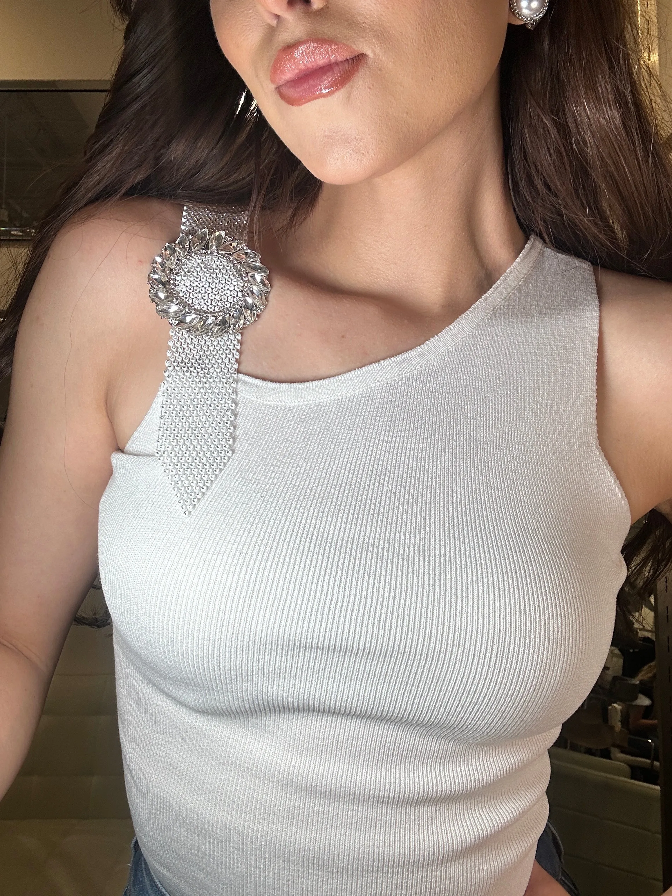 Mallory Reinstone Buckle Top - White