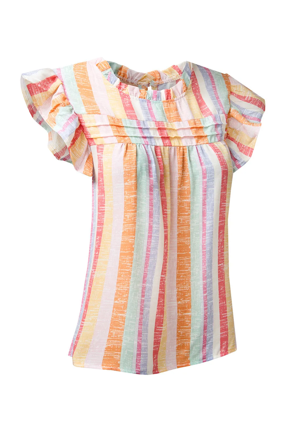 Mariam Ruffled Striped Round Neck Cap Sleeve Blouse