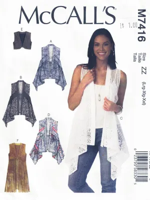 McCall's 7416 Womens Seam Detail or Cropped Vests Out Of Print Sewing Pattern Sizes L - XXL UNCUT Factory Folded