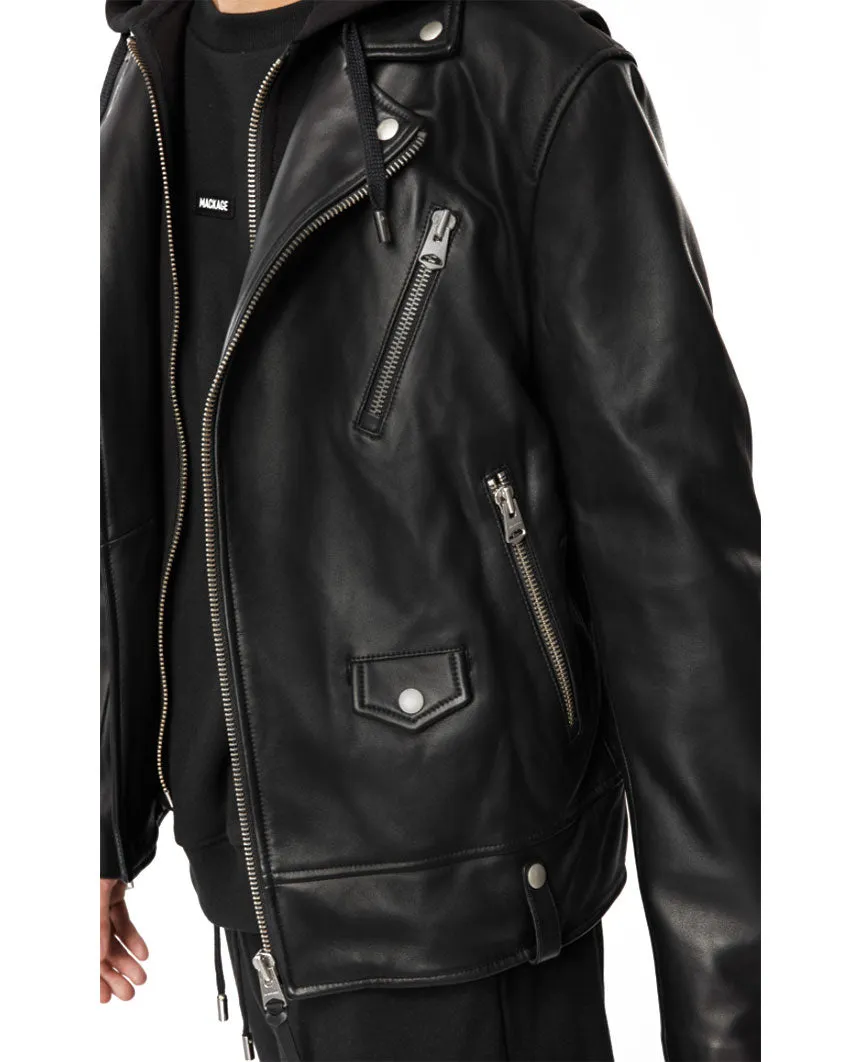 Motorcycle Leather Jacket with Removable Hood Black