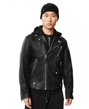 Motorcycle Leather Jacket with Removable Hood Black