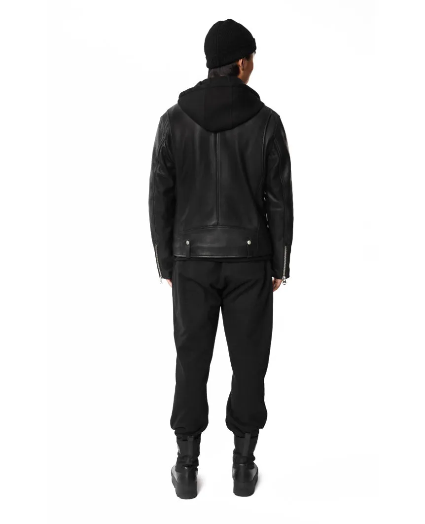 Motorcycle Leather Jacket with Removable Hood Black