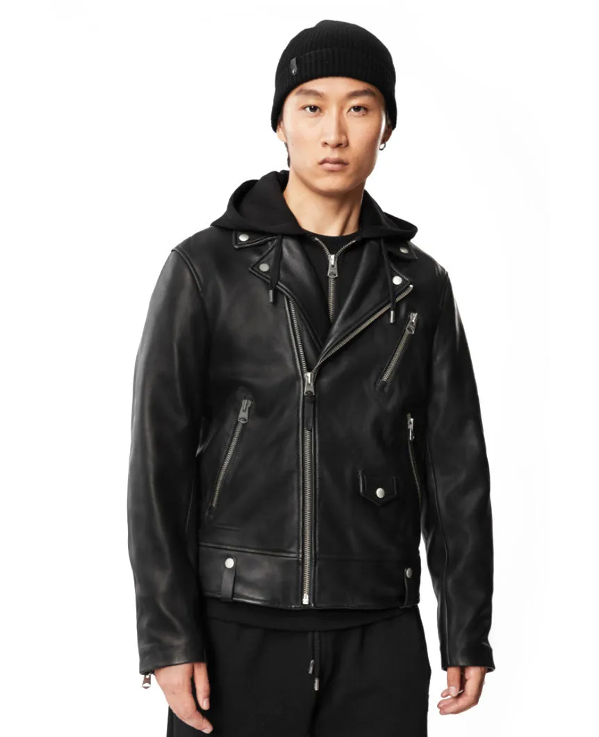 Motorcycle Leather Jacket with Removable Hood Black