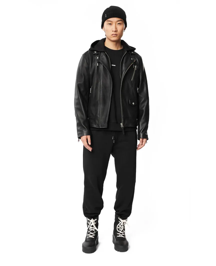 Motorcycle Leather Jacket with Removable Hood Black