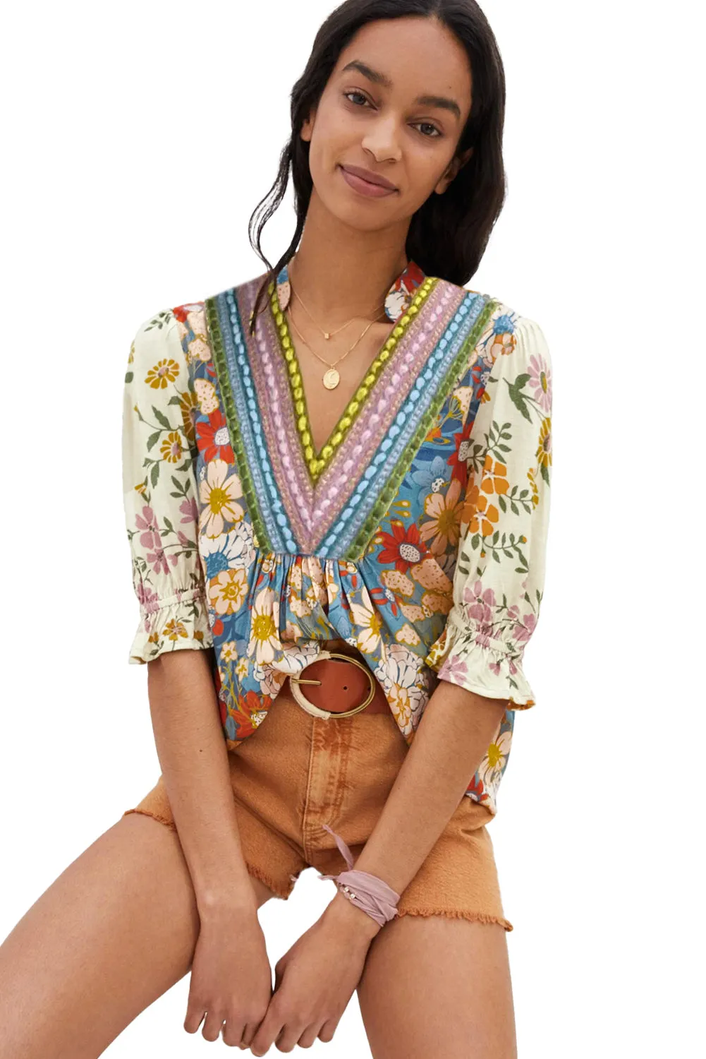 Multicolour Crochet V Neck Half Sleeve Boho Floral Blouse