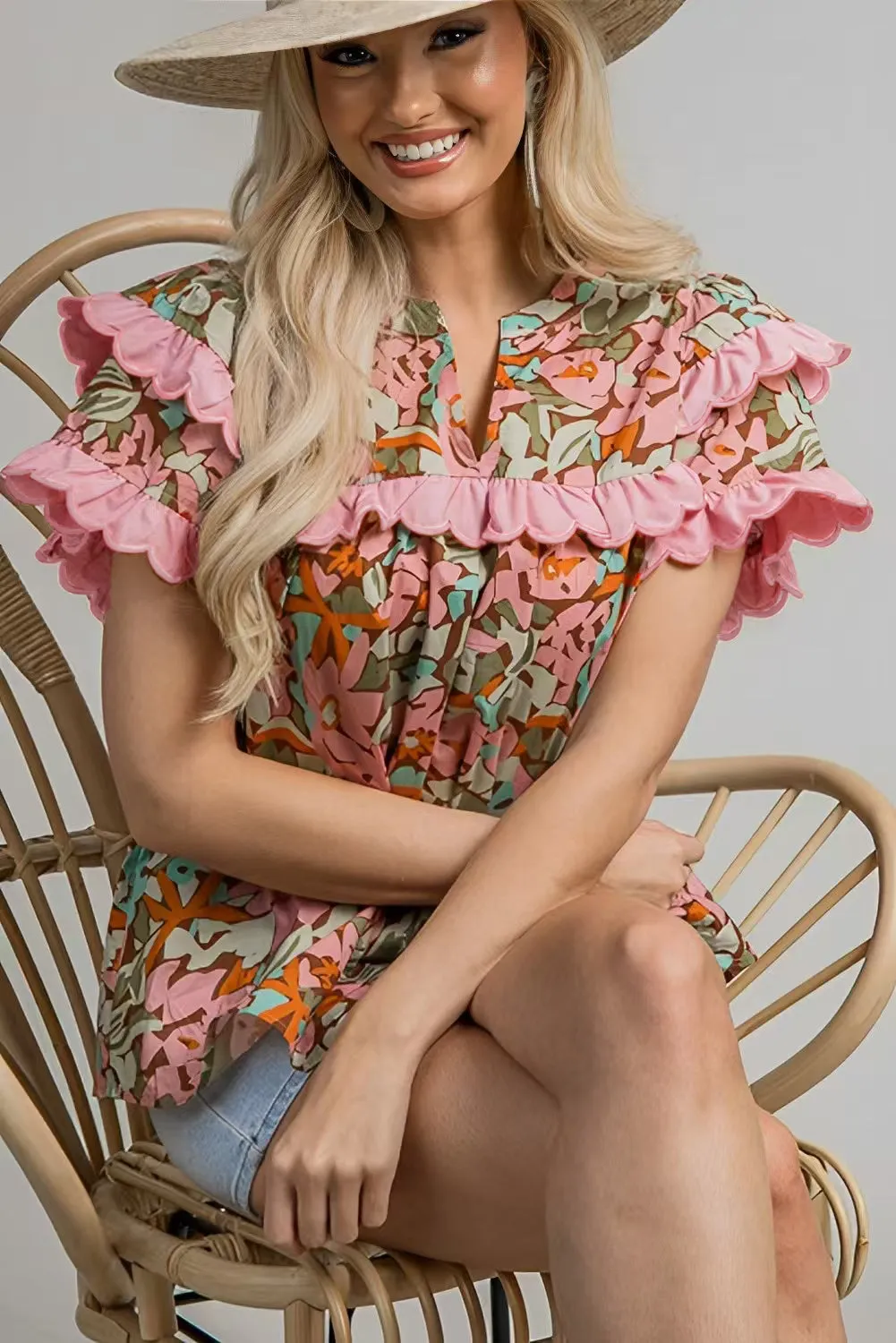 Multicolour Floral Tiered Ruffled Short Sleeve Blouse