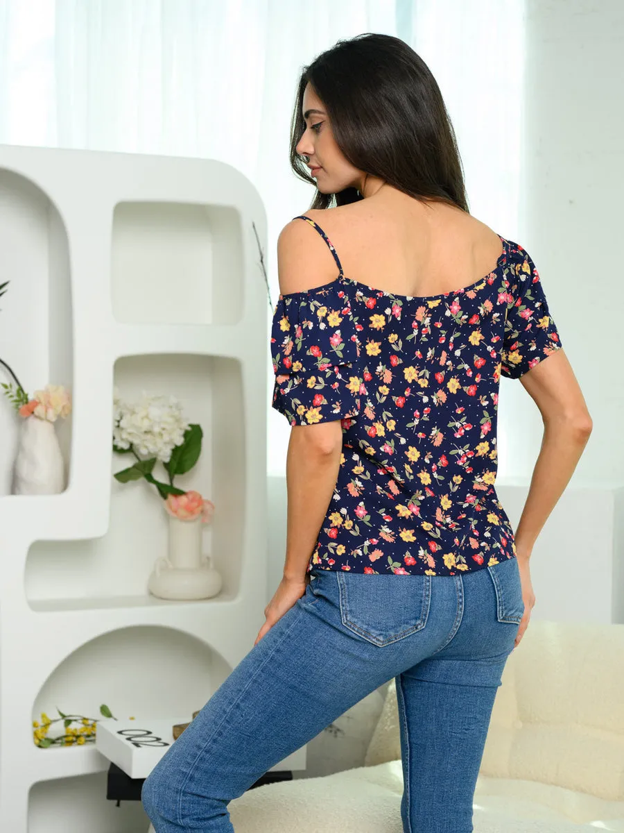 Navy LONG BELL SLEEVE FLORAL TOP