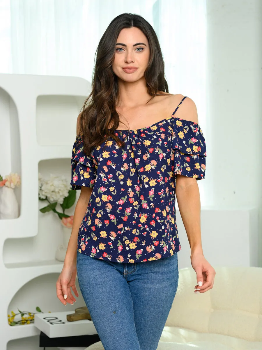 Navy LONG BELL SLEEVE FLORAL TOP