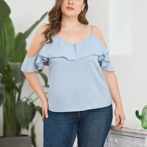 New Ruffled Short Sleeve V-neck Halter Fashion Sling Large Size Women's Top