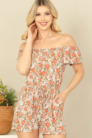 OFF SHOULER WAIST TIE SIDE POCKET FLORAL ROMPER