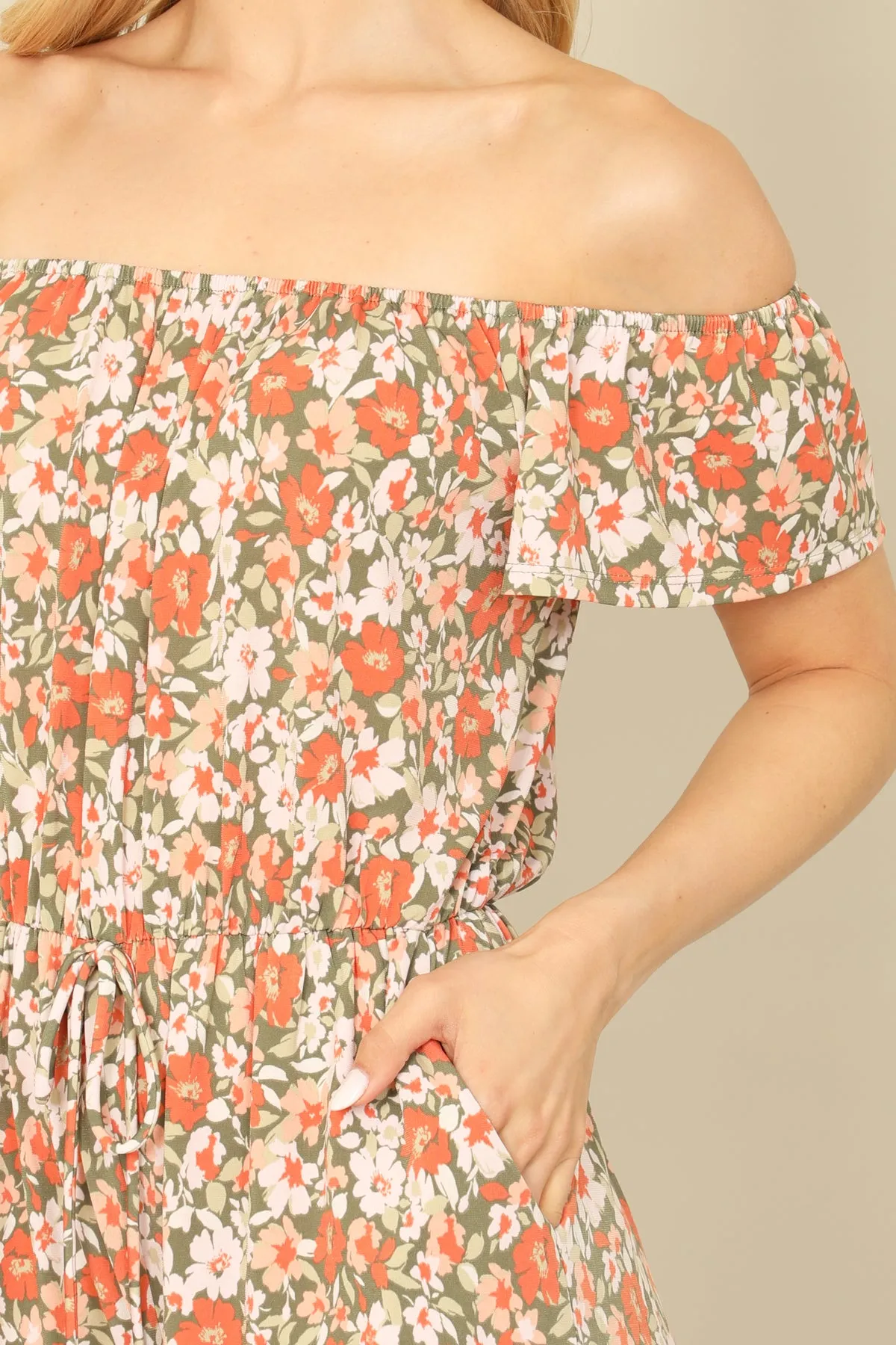 OFF SHOULER WAIST TIE SIDE POCKET FLORAL ROMPER