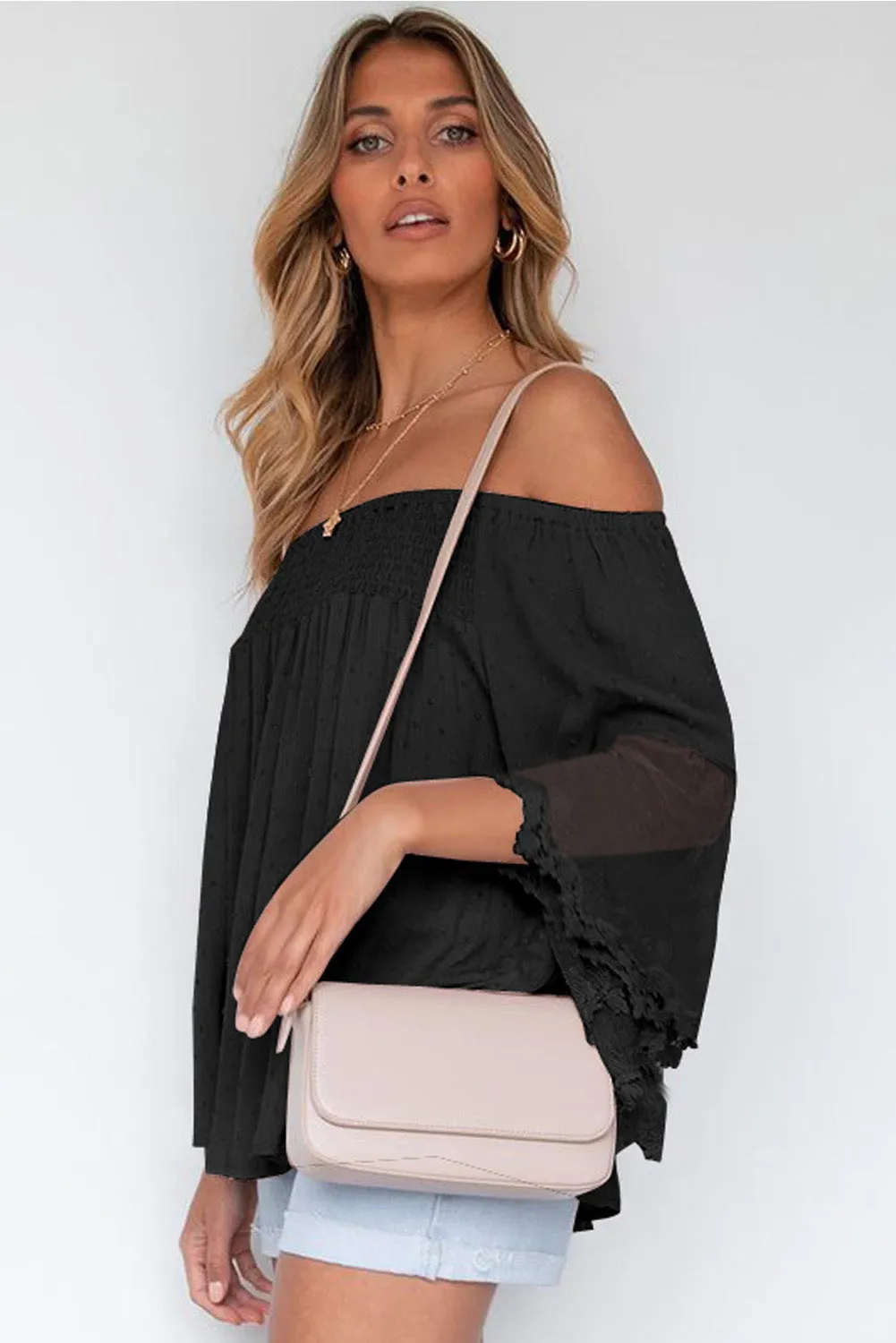 Off The Shoulder Sheer Patchwork Ruffle Blouse