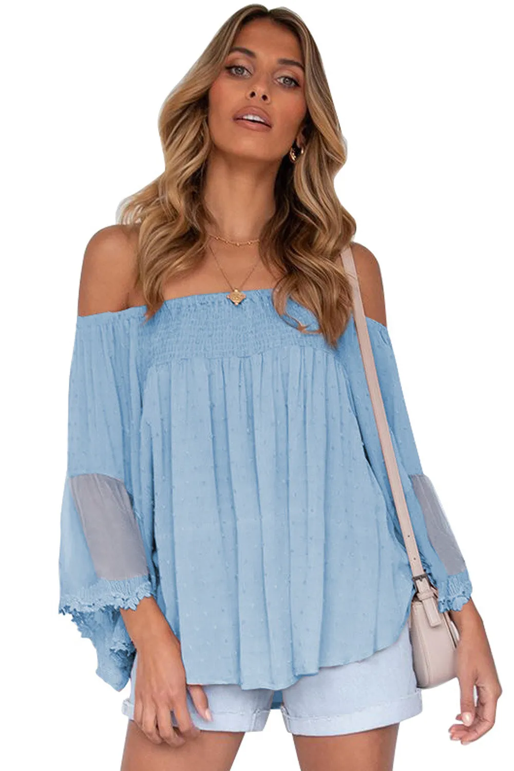 Off The Shoulder Sheer Patchwork Ruffle Blouse