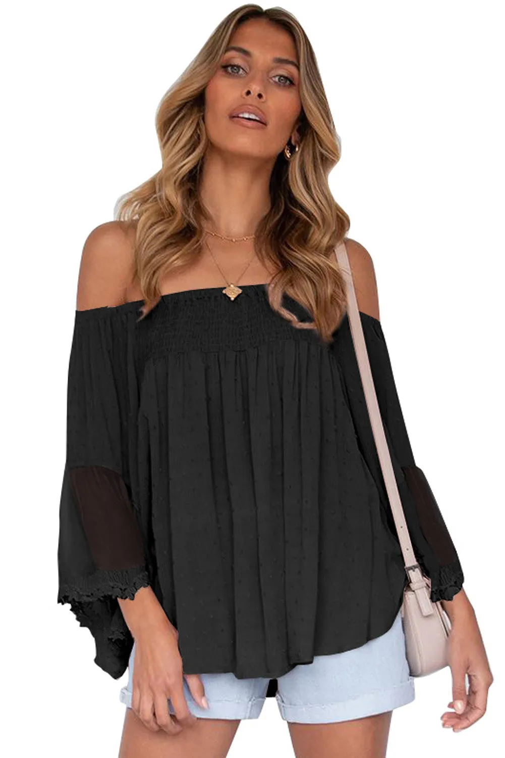 Off The Shoulder Sheer Patchwork Ruffle Blouse