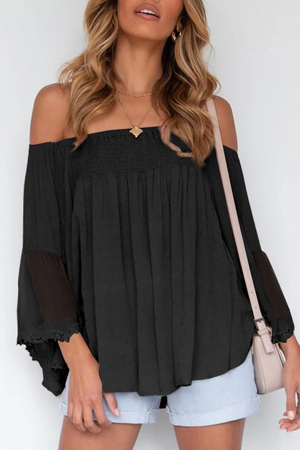 Off The Shoulder Sheer Patchwork Ruffle Blouse