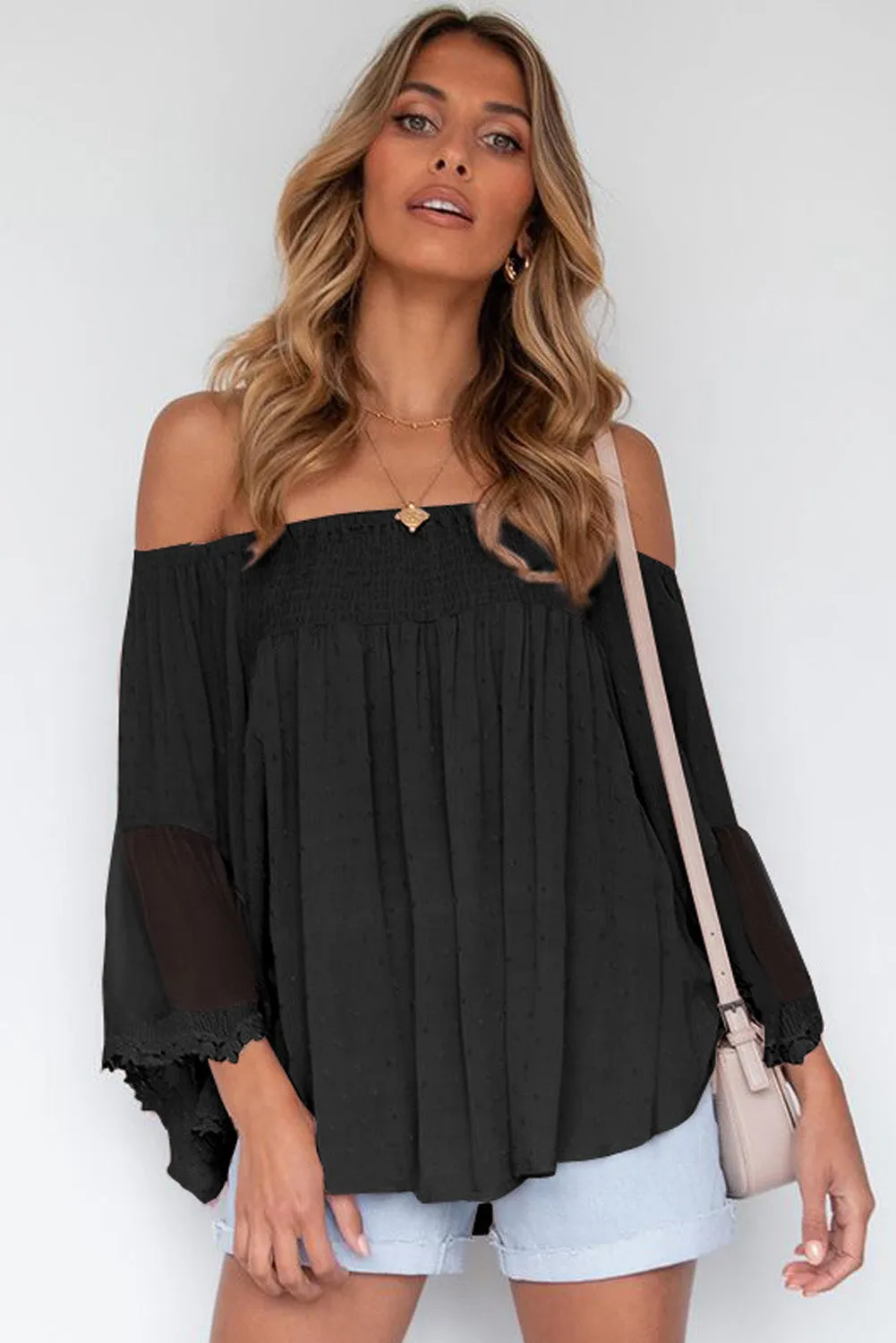 Off The Shoulder Sheer Patchwork Ruffle Blouse