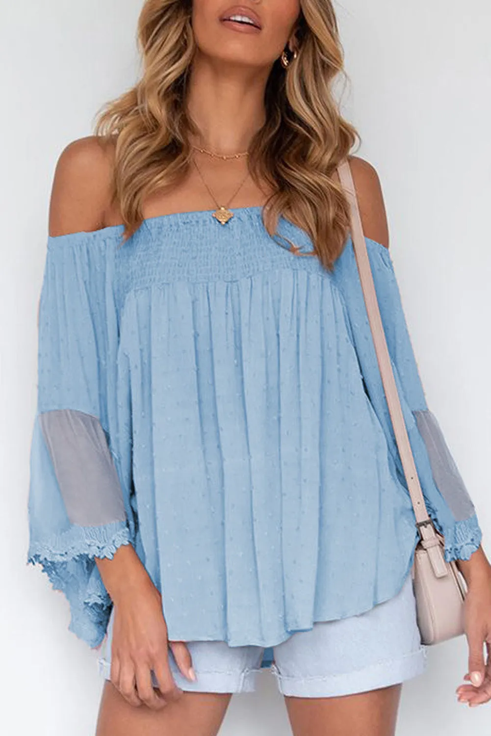 Off The Shoulder Sheer Patchwork Ruffle Blouse