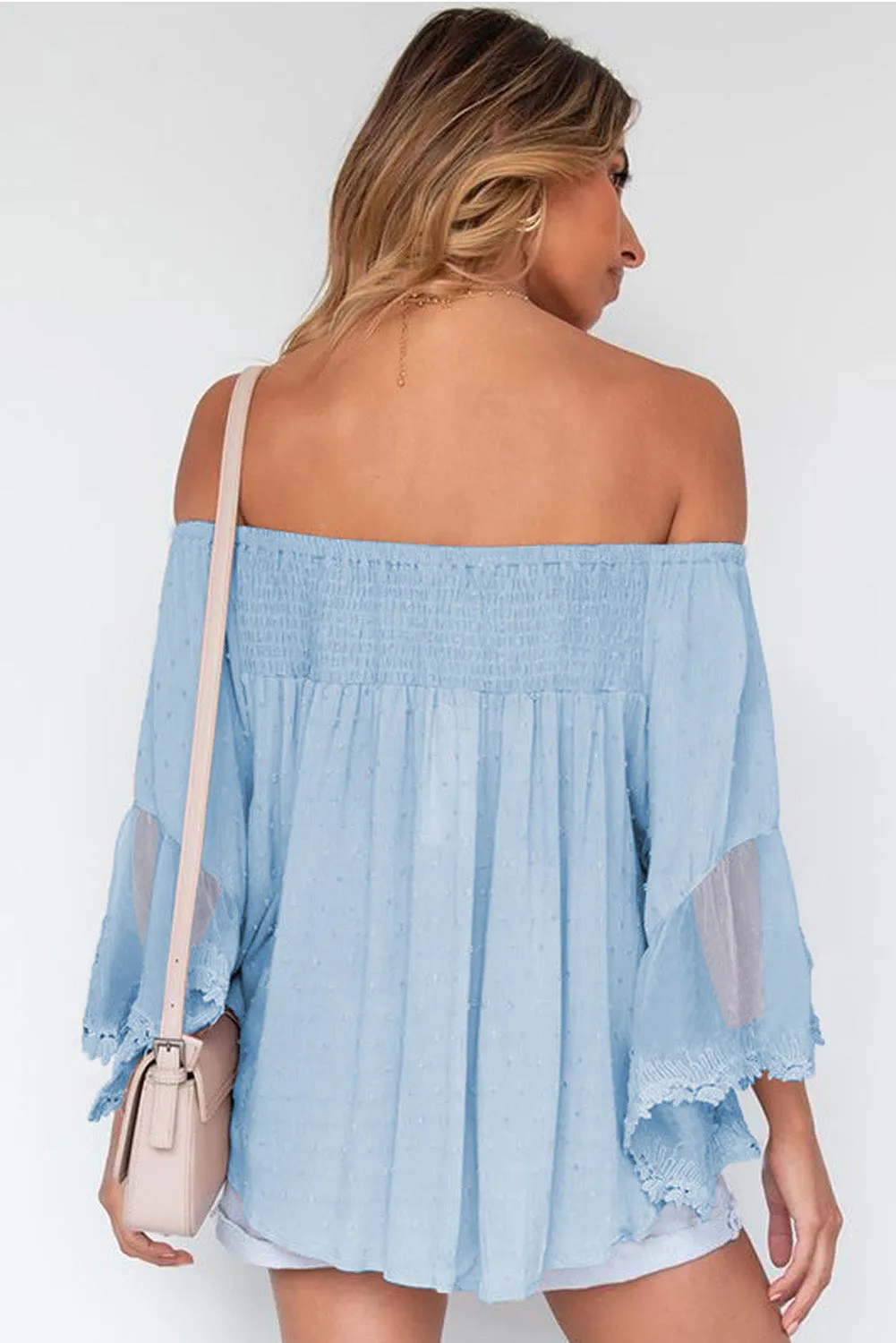 Off The Shoulder Sheer Patchwork Ruffle Blouse