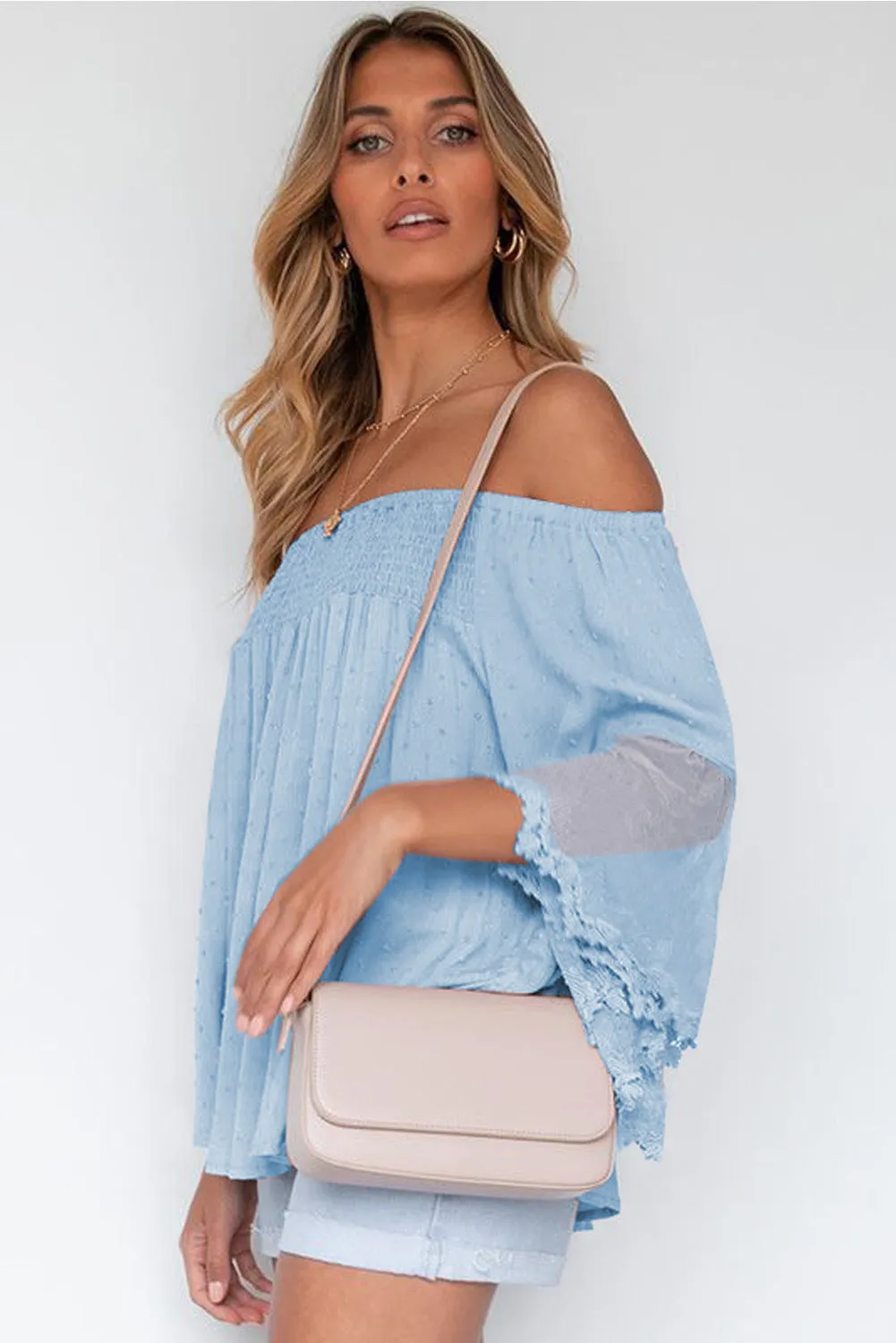 Off The Shoulder Sheer Patchwork Ruffle Blouse