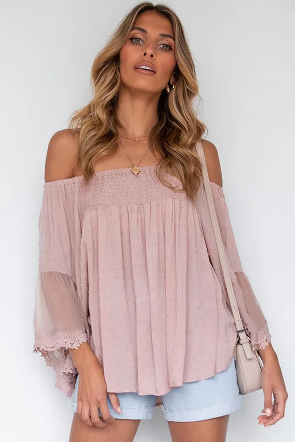 Off The Shoulder Sheer Patchwork Ruffle Blouse