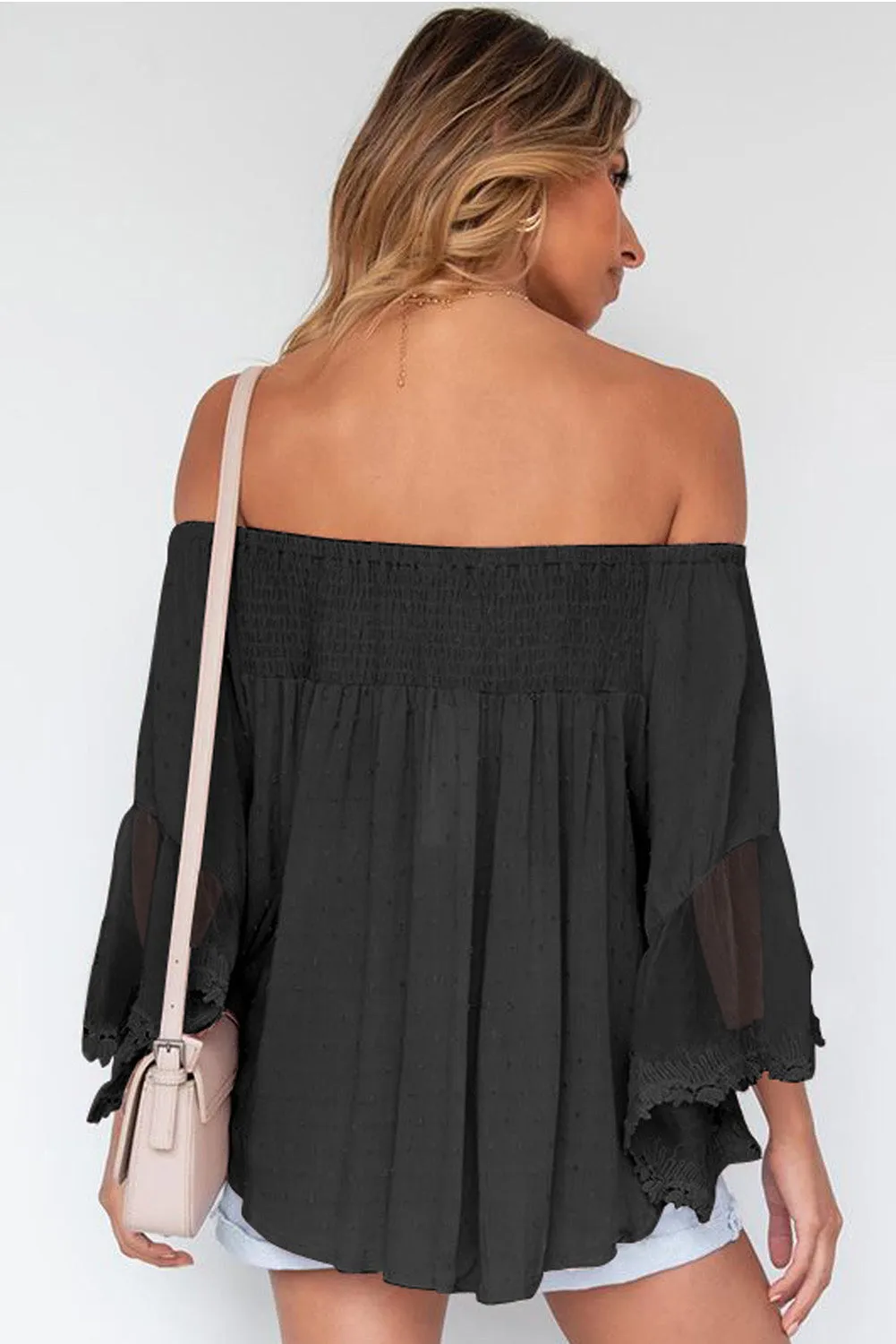 Off The Shoulder Sheer Patchwork Ruffle Blouse