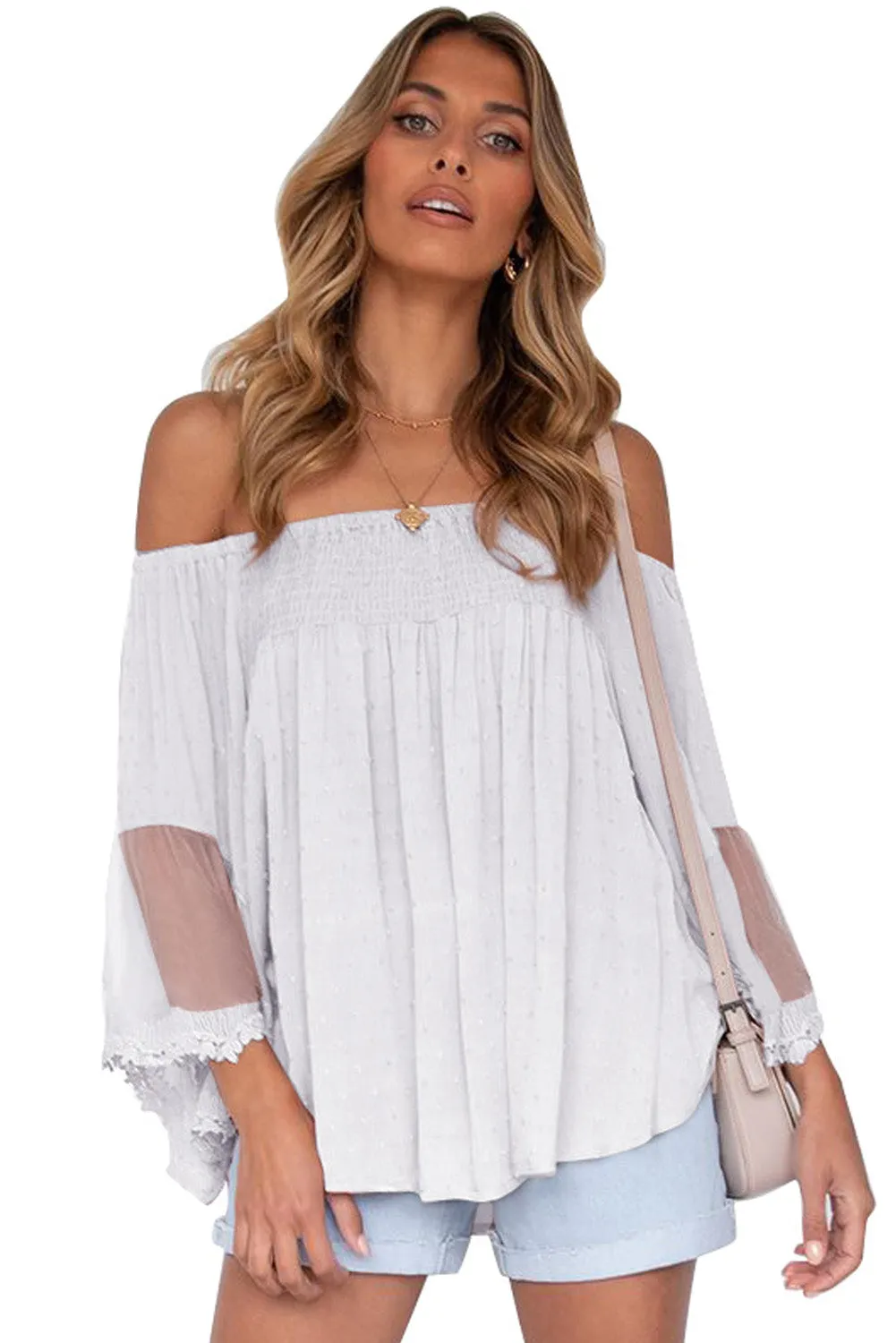 Off The Shoulder Sheer Patchwork Ruffle Blouse