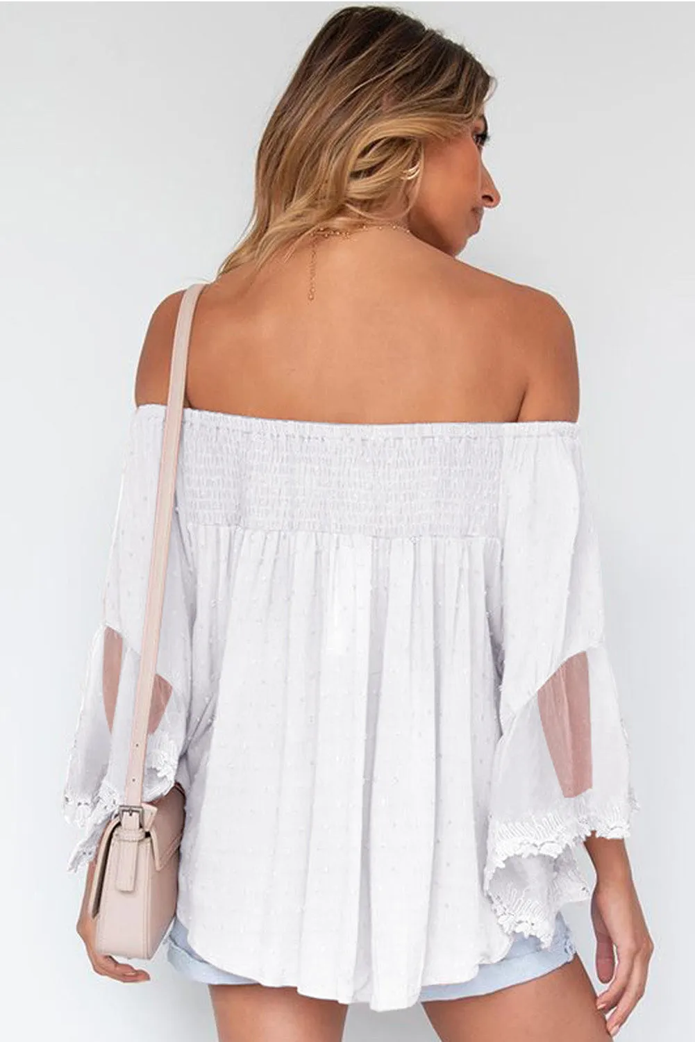 Off The Shoulder Sheer Patchwork Ruffle Blouse