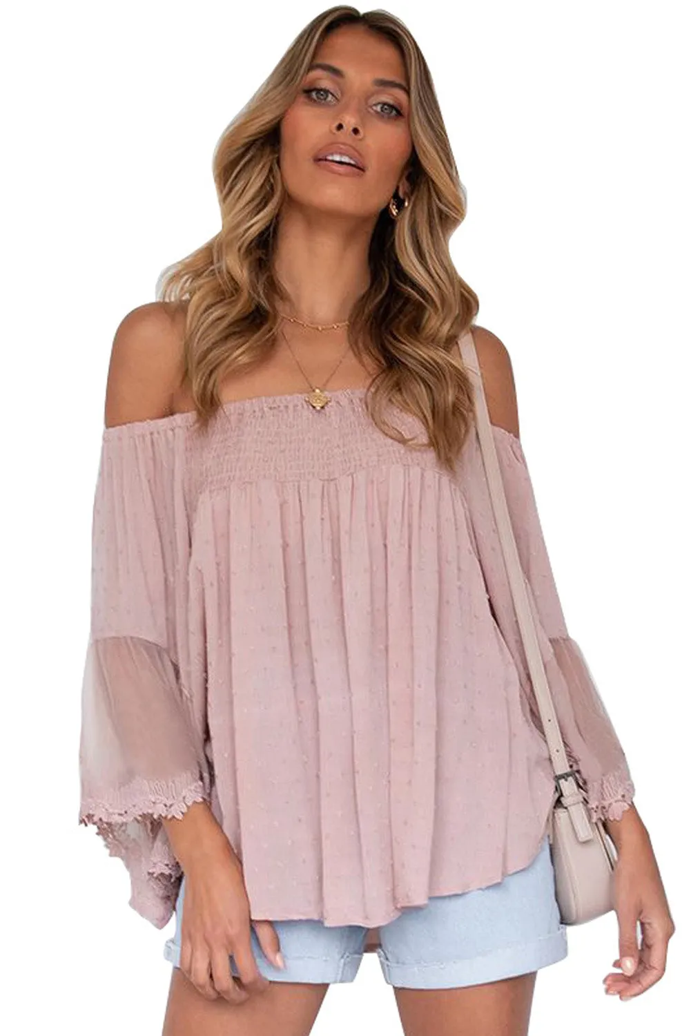 Off The Shoulder Sheer Patchwork Ruffle Blouse