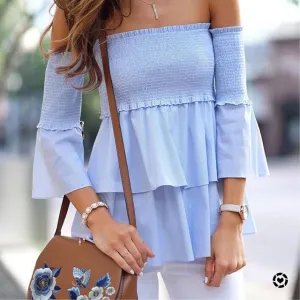 One-shoulder Slim Seven-quarter Sleeve Ruffled Top