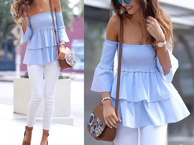 One-shoulder Slim Seven-quarter Sleeve Ruffled Top