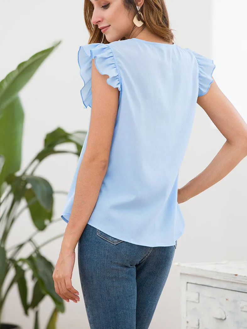 Original Design Summer New Mesh Stitching Ruffled Flying Fly Sleeve Fashion Wild Shirt Women