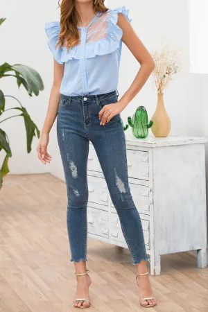 Original Design Summer New Mesh Stitching Ruffled Flying Fly Sleeve Fashion Wild Shirt Women