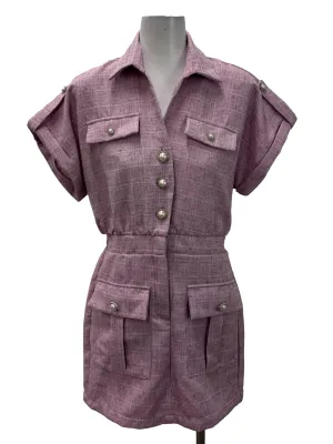 Pink Button Down V-Neck Pocket Romper