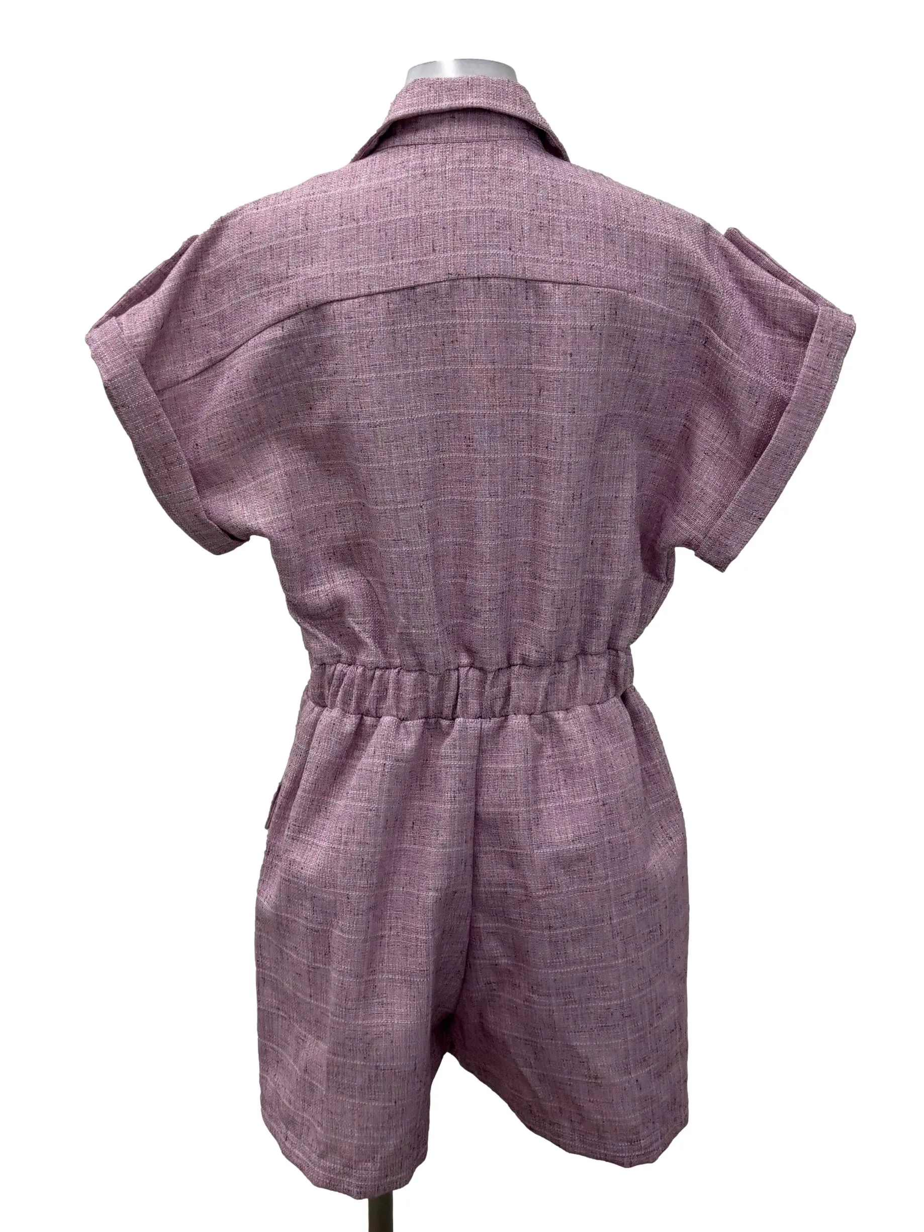 Pink Button Down V-Neck Pocket Romper