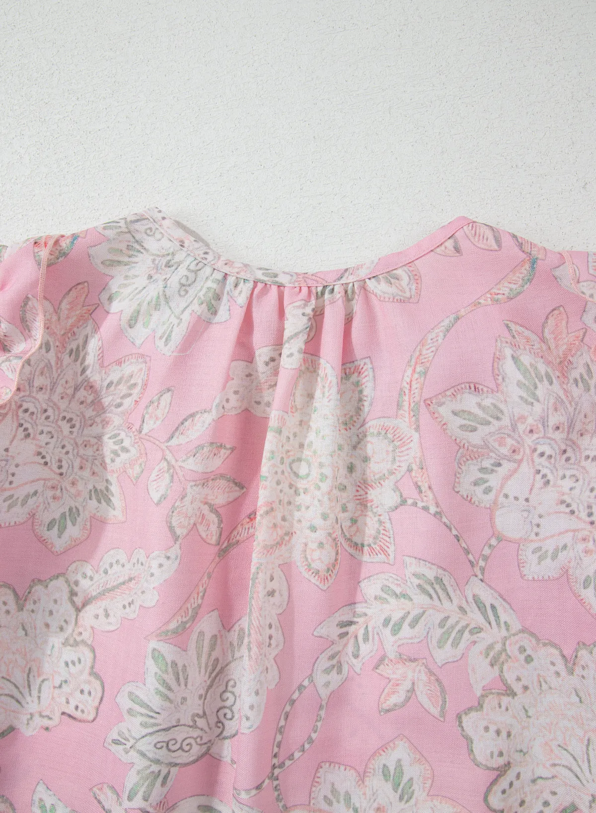 Pink Floral Print Drawstring V Neck Puff Sleeve Loose Blouse