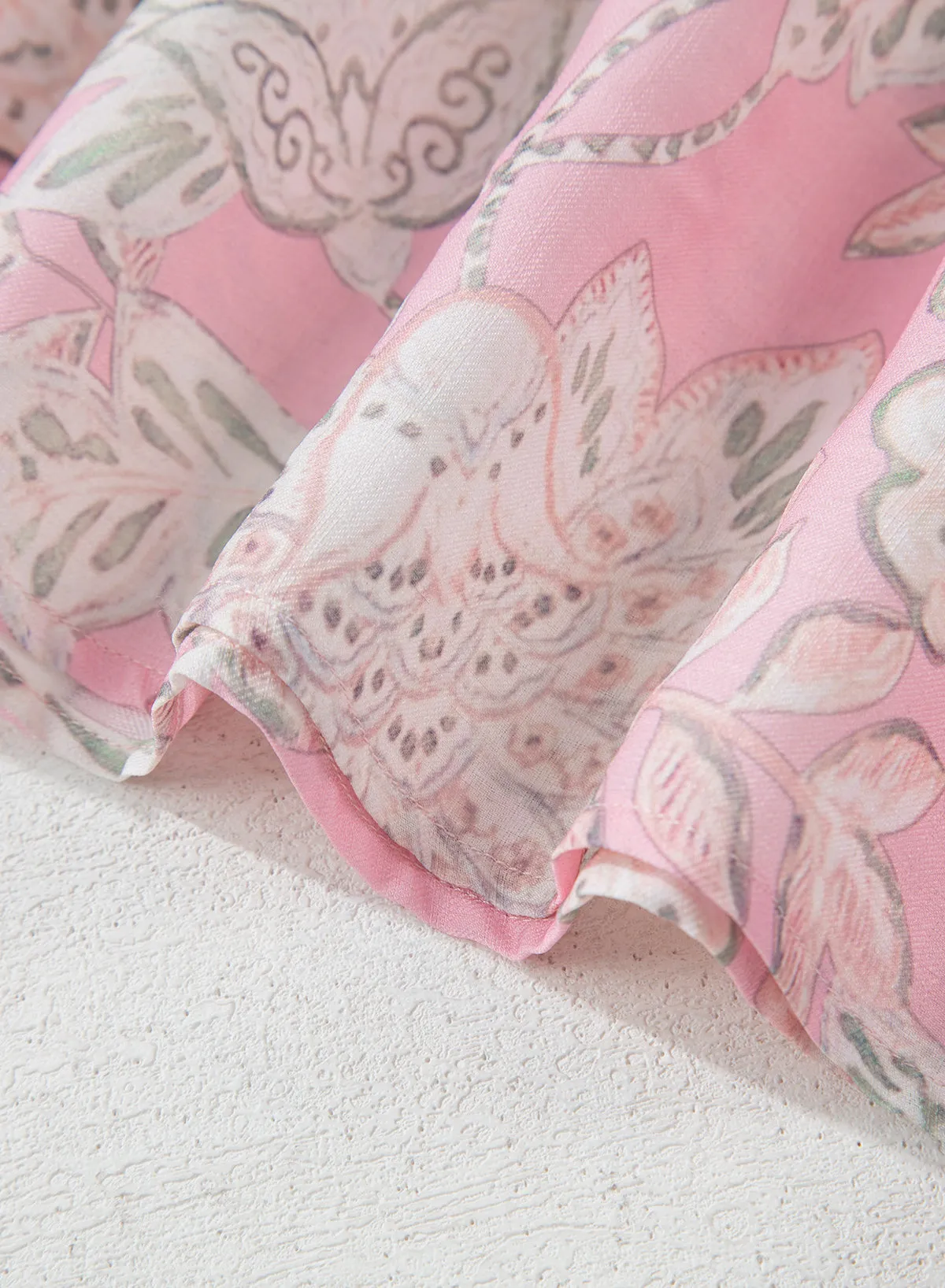 Pink Floral Print Drawstring V Neck Puff Sleeve Loose Blouse