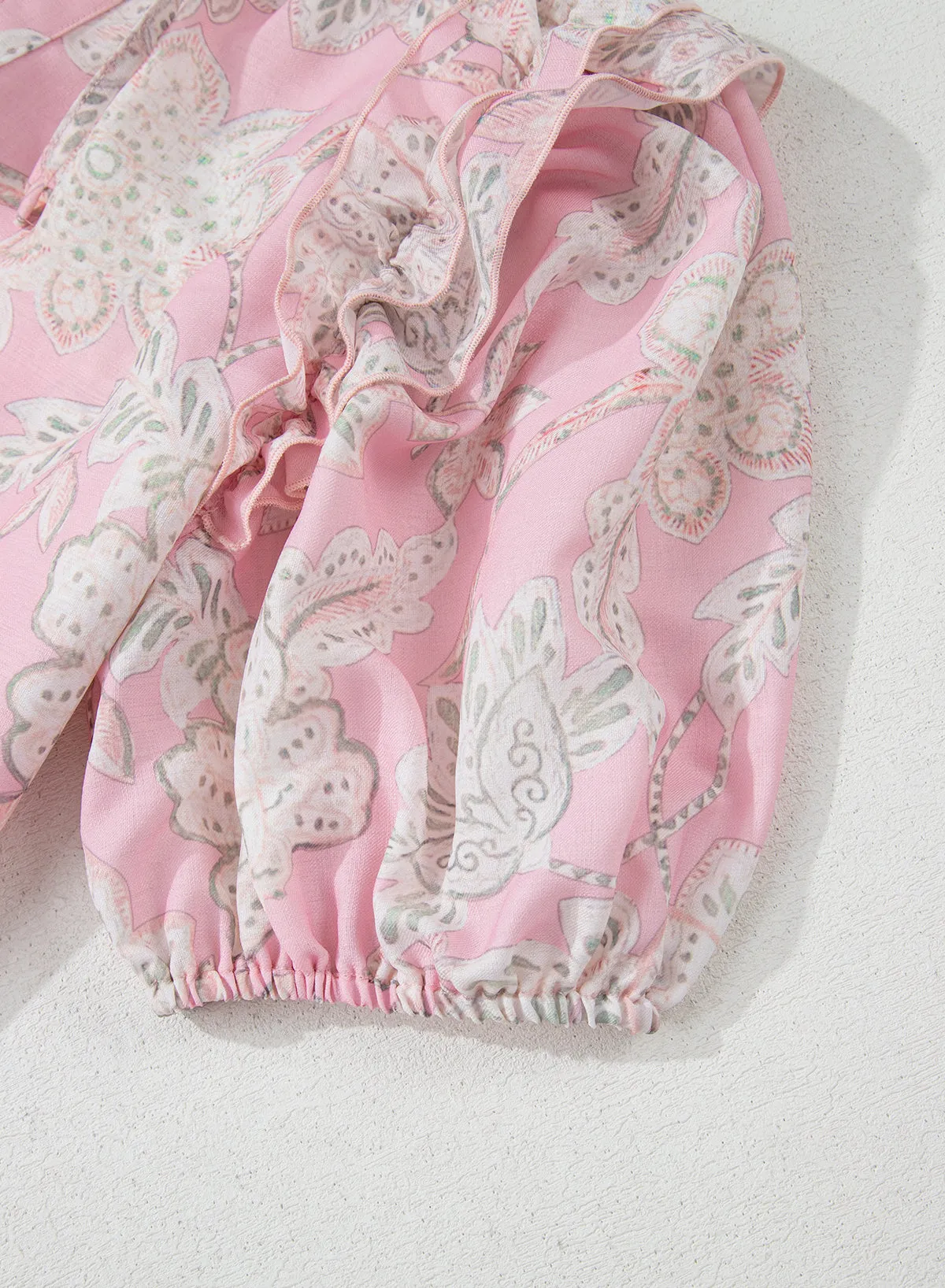 Pink Floral Print Drawstring V Neck Puff Sleeve Loose Blouse