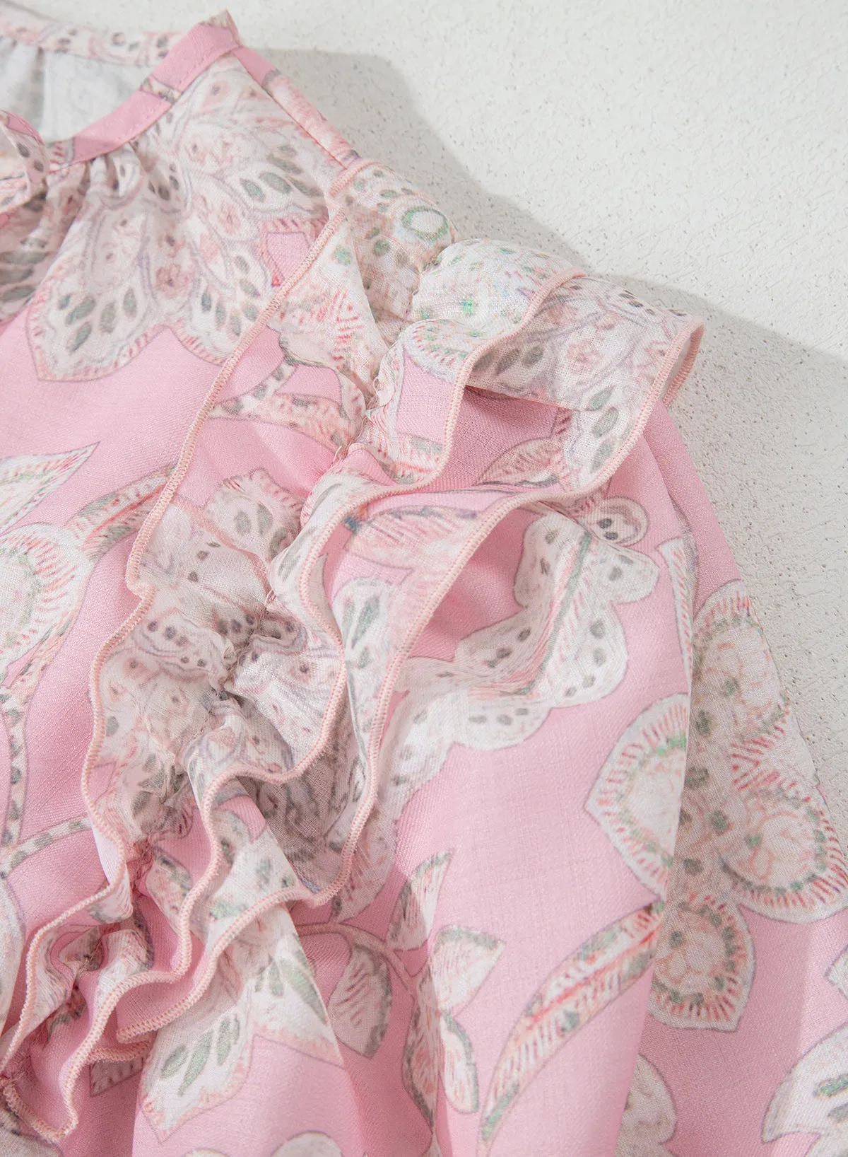 Pink Floral Print Drawstring V Neck Puff Sleeve Loose Blouse