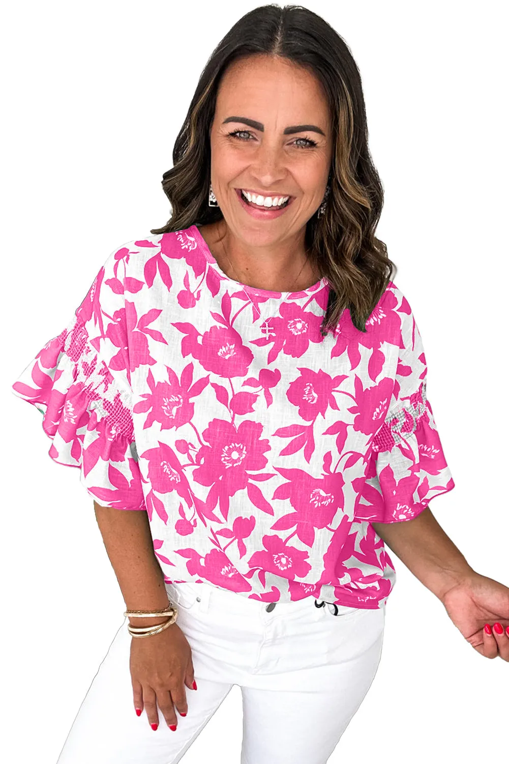 Pink Floral Printed Ruffled Short Sleeve Round Neck Loose Blouse