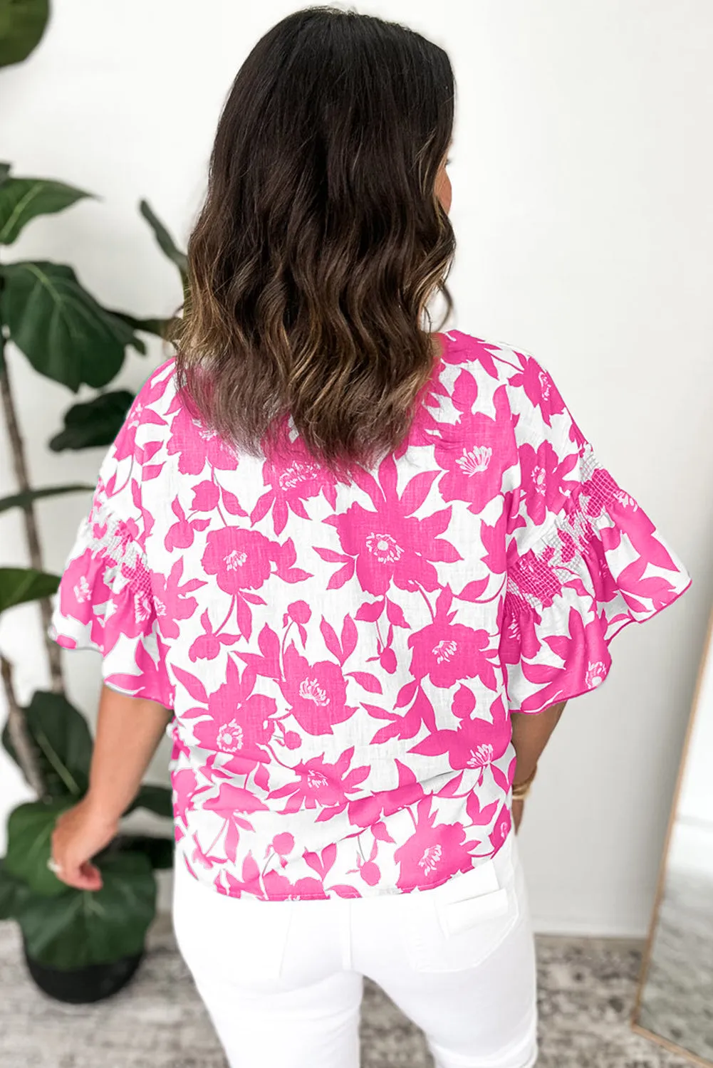 Pink Floral Printed Ruffled Short Sleeve Round Neck Loose Blouse