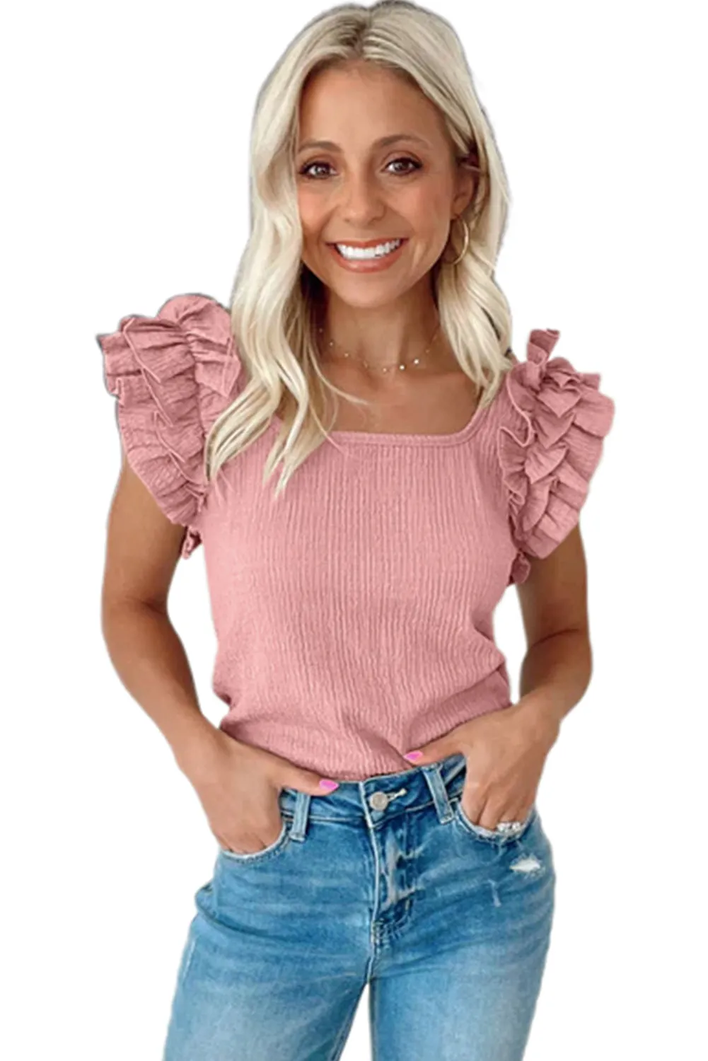 Pink Ruffled Tiered Sleeve Square Neck Textured Top