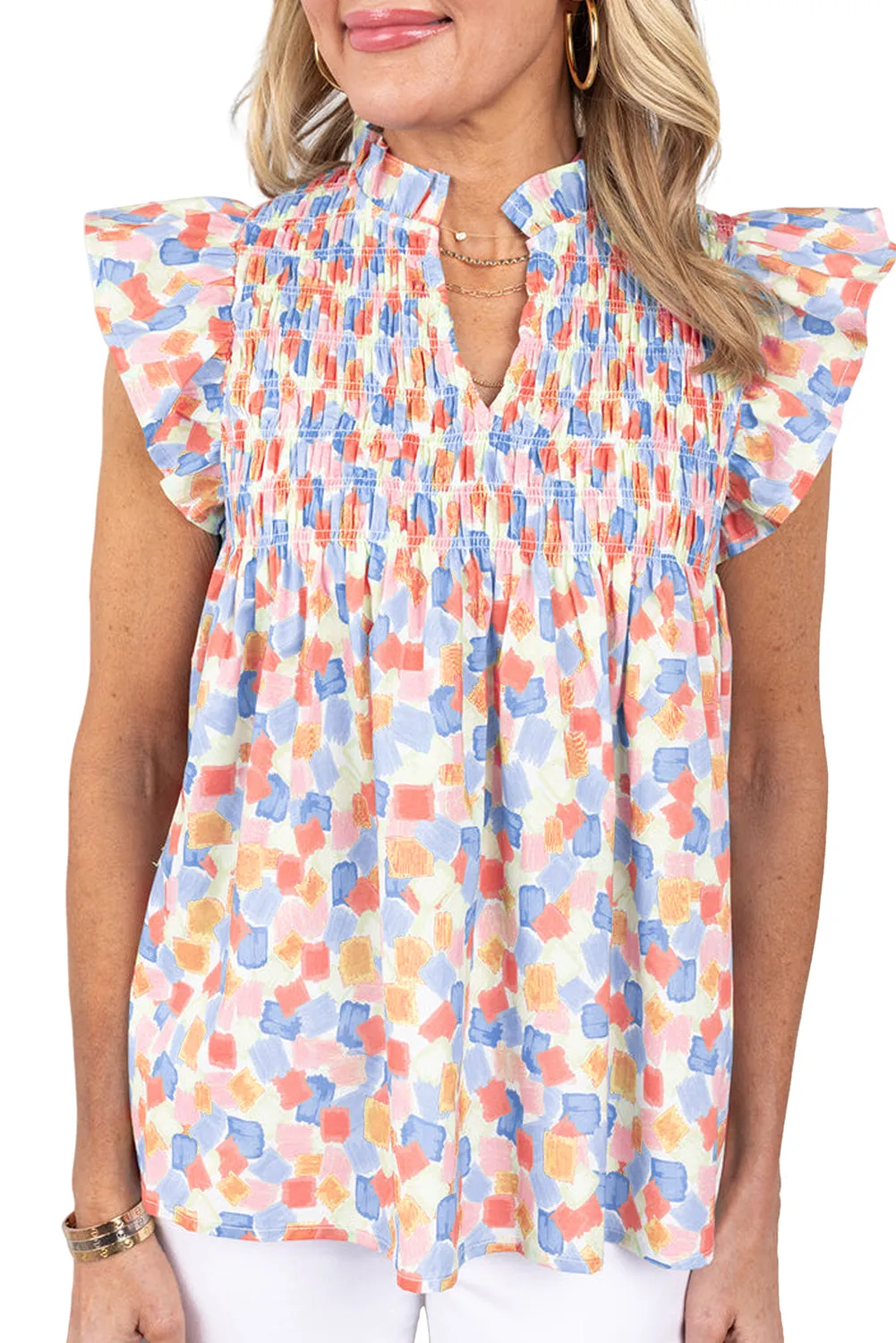 Pink Shirred Yoke Ruffled Abstract Printed Blouse