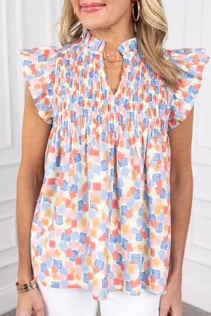Pink Shirred Yoke Ruffled Abstract Printed Blouse