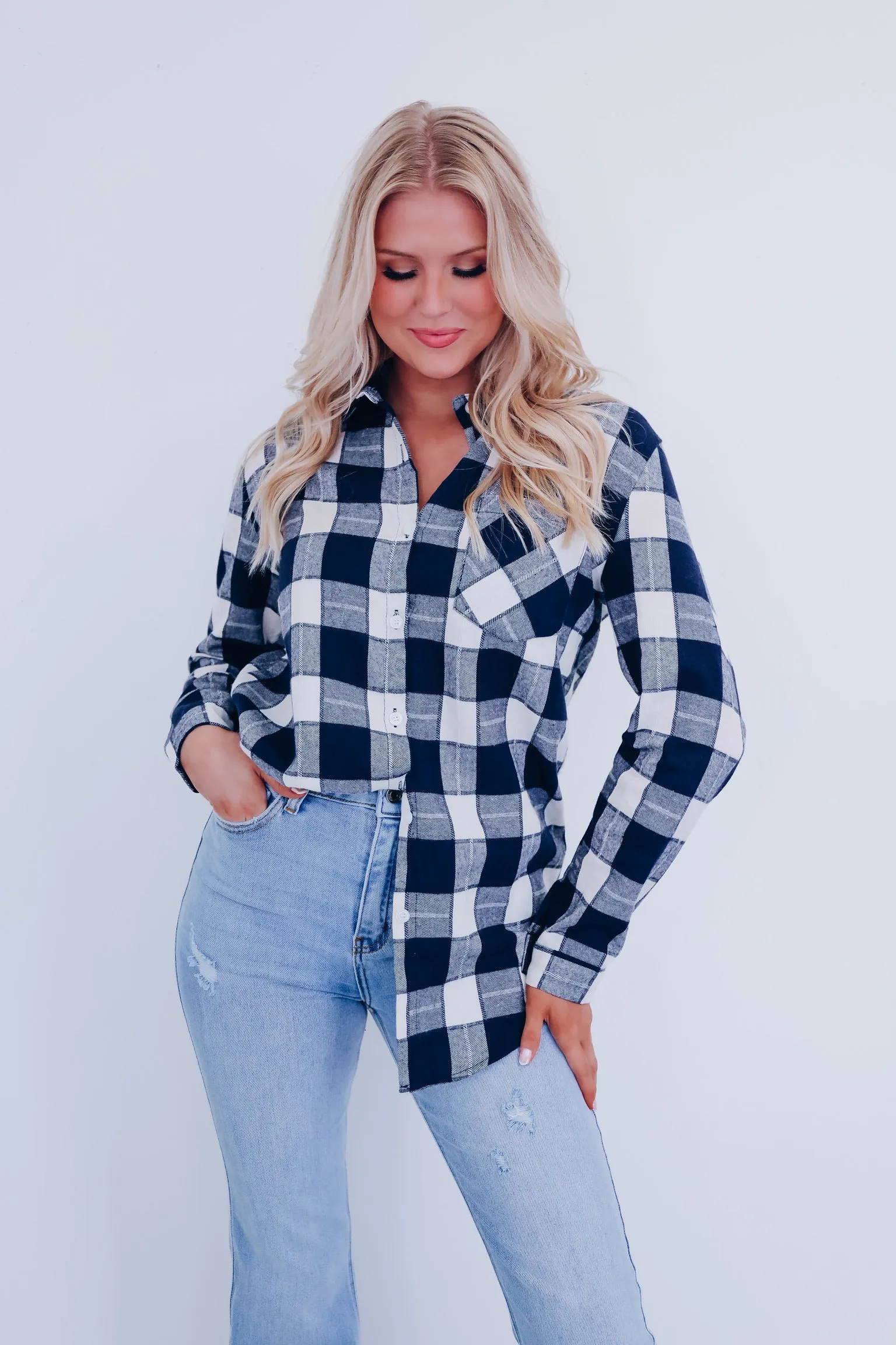 Pops Plaid Long Flannel Shirt - Navy