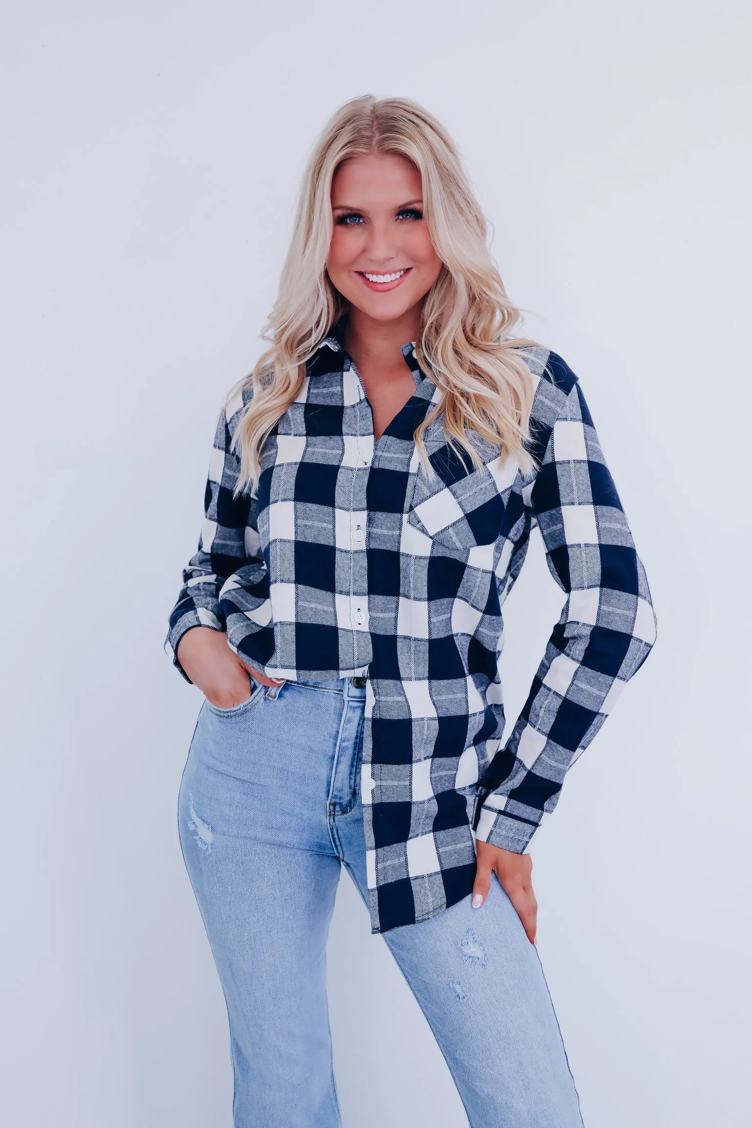Pops Plaid Long Flannel Shirt - Navy